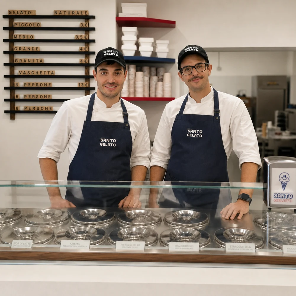 Un gelatiere Santo Gelato al banco con un cono appena preparato
