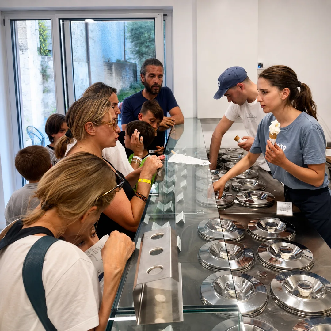 Clienti al banco della gelateria Santo Gelato